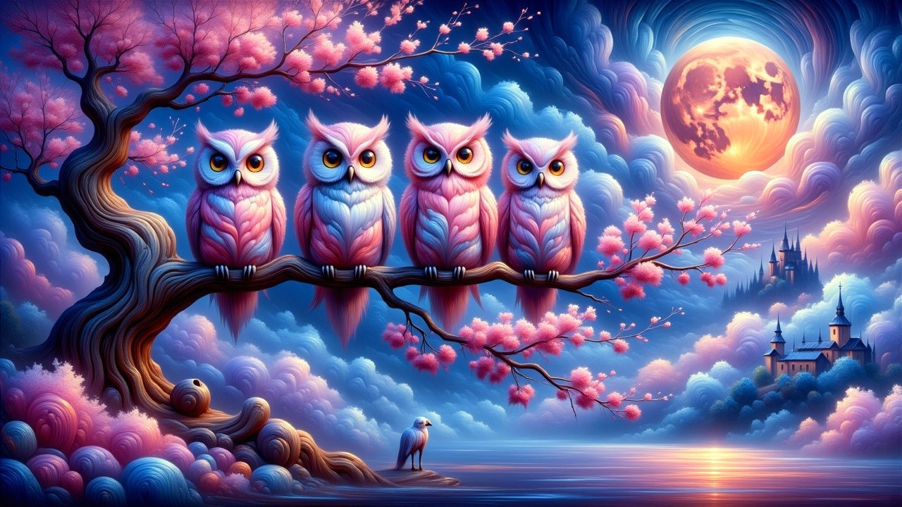 Whimsical Owls in a Dreamy Cherry Tree Landscape