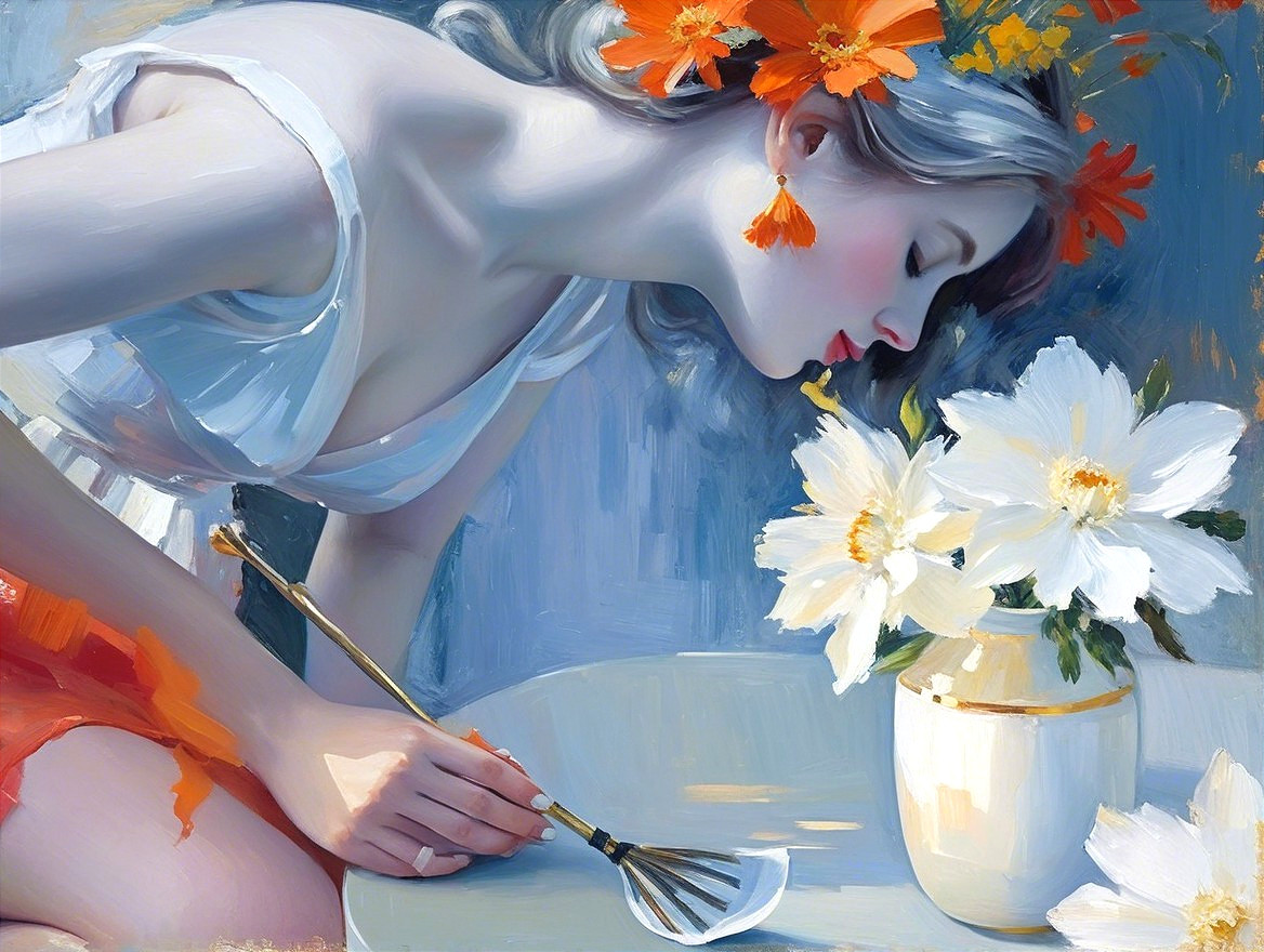 Serene Woman Painting with Orange Flowers in Hair