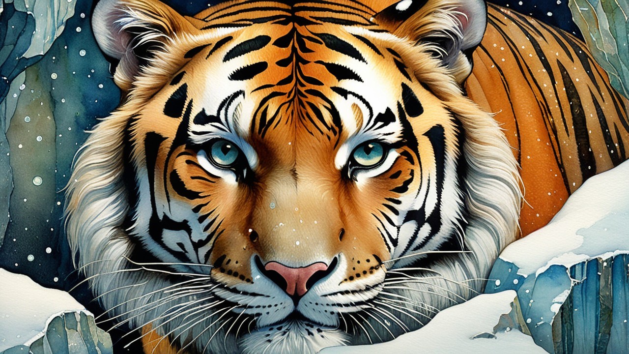 Tiger in Snowy Landscape with Striking Blue Eyes