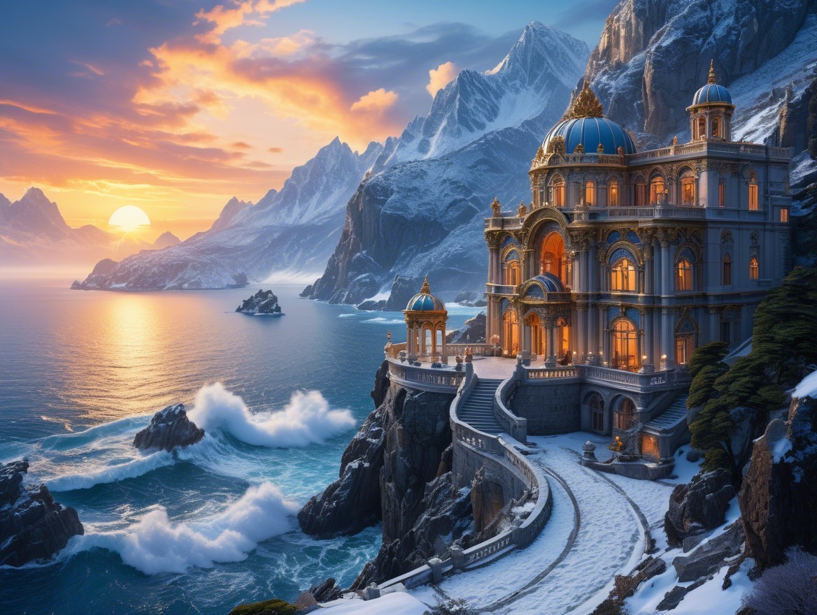 Majestic Palace on Cliff Overlooking Serene Ocean Sunset