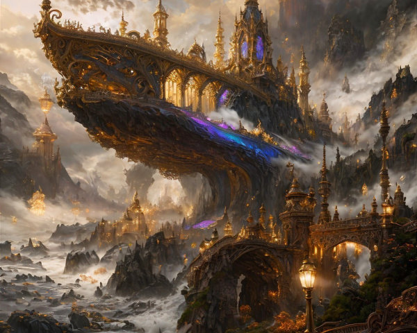 Floating Palace in a Fantasy Landscape with Waterfalls