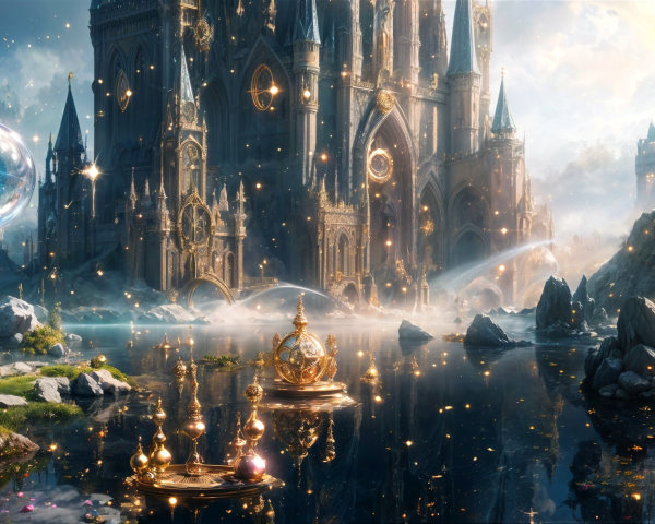 Fantasy Landscape with Castle and Shimmering Lake