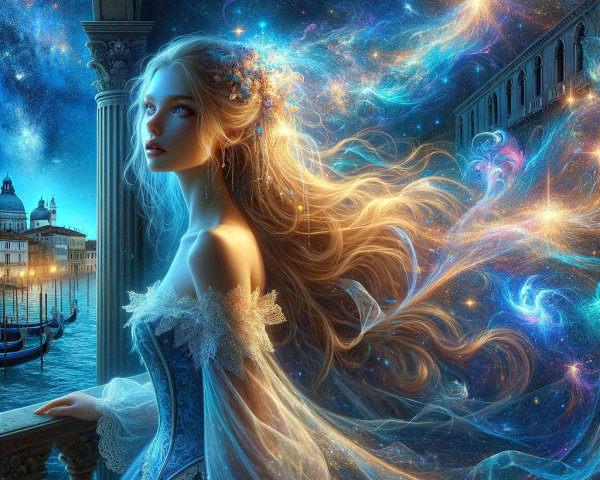 Celestial Woman Over Starry Waterscape Scene