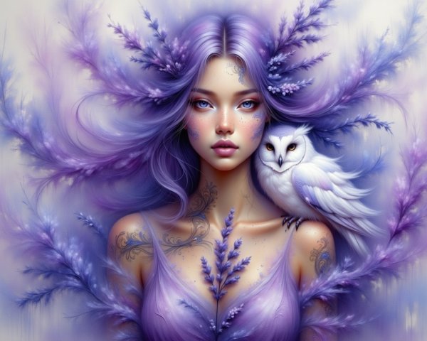 Ethereal Woman with Lavender Hair and Owl Companion