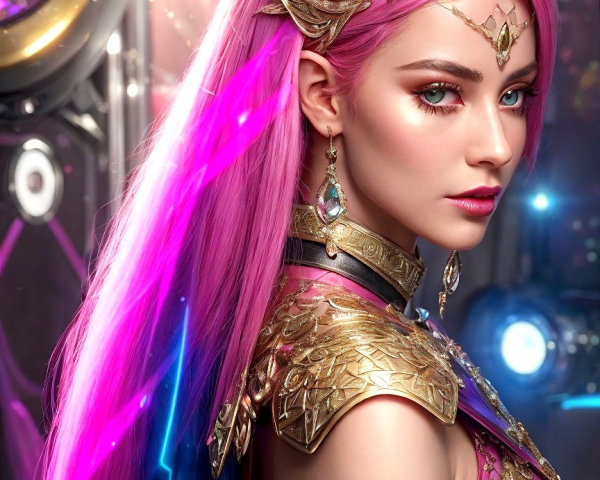 Character with Pink Hair and Futuristic Armor Design