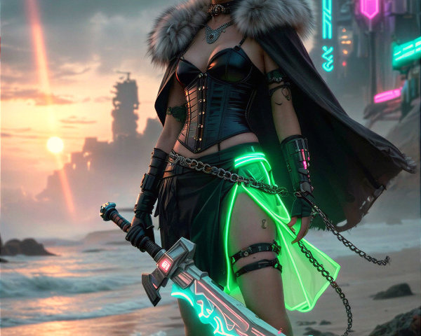 Fierce warrior on beach at sunset with futuristic sword