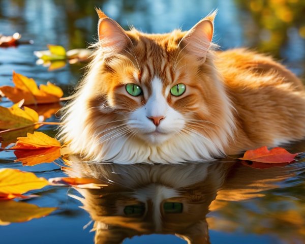 Orange and white cat resting in tranquil water scene