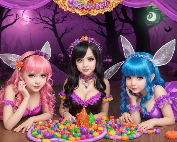Colorful Fairies in Purple Outfits with Decorations