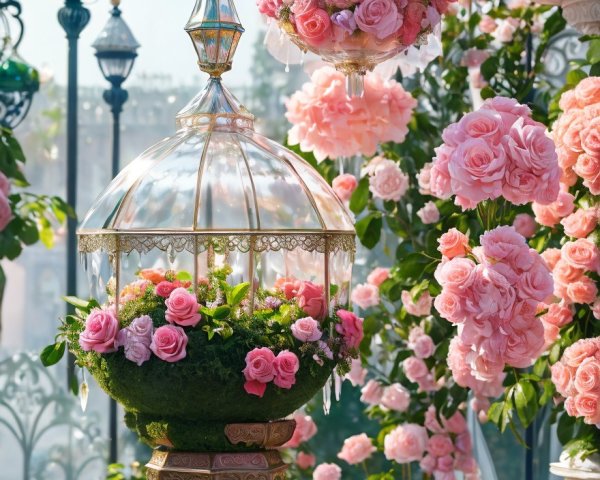 Decorative Glass Dome with Moss and Pink Roses Display