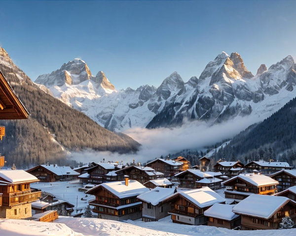 Alpine Village in Snowy Mountain Landscape with Chalets