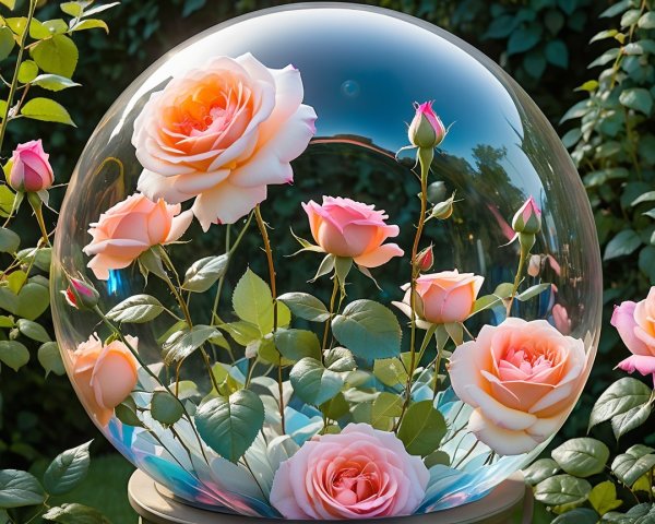 Elegant Roses in Peach and Pink Under Glass Dome