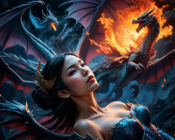 Fantasy Scene with Woman and Soaring Dragons