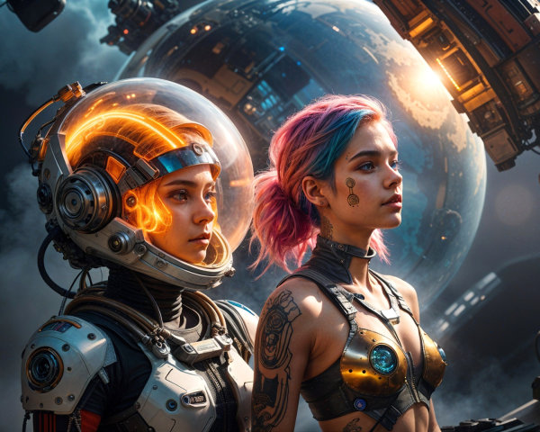 Futuristic Women with Space Helmet and Vibrant Hair
