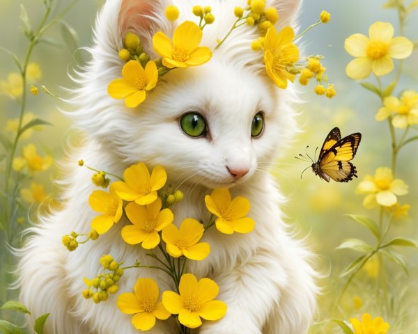 Fluffy White Kitten Surrounded by Yellow Flowers