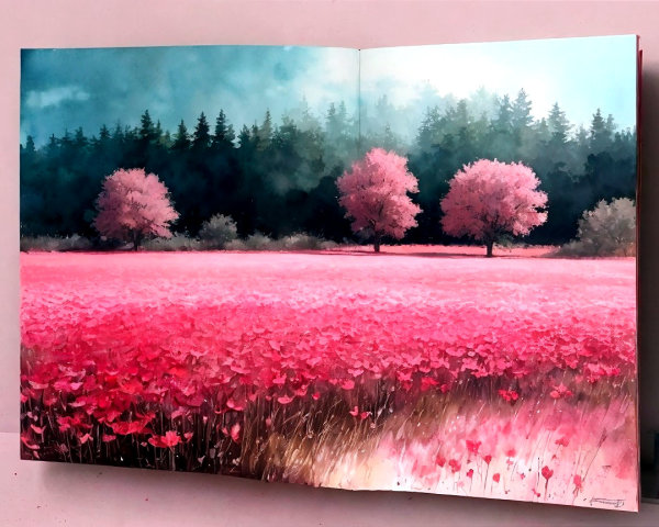 Vast Field of Pink Flowers Under Clouded Sky