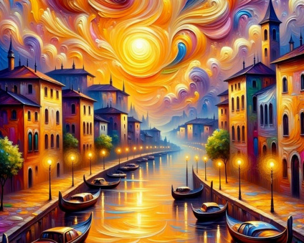 Vibrant Sunset Over Serene Canal with Colorful Buildings