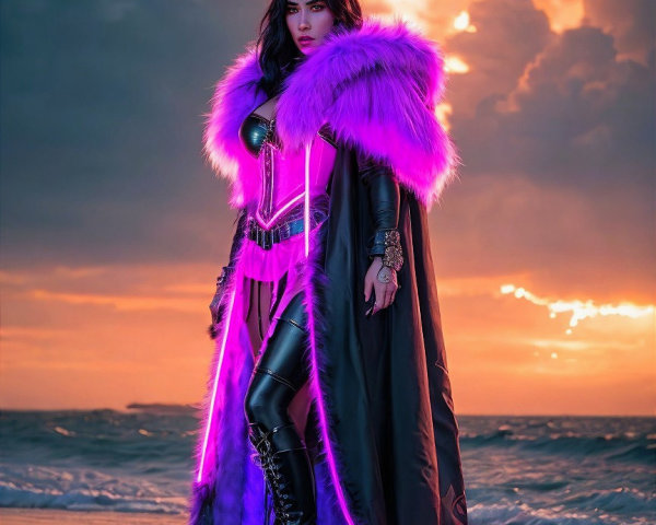 Powerful Figure in Striking Costume at Sunset Beach
