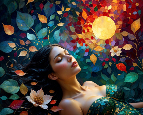 Serene Woman Surrounded by Colorful Leaves and Flowers
