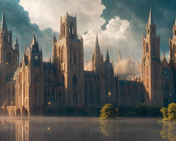 Gothic Cathedral Surrounded by Misty Landscape