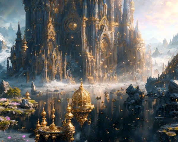 Majestic Golden Castle in a Fantasy Landscape