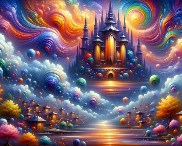 Whimsical Landscape with Colorful Trees and Castle