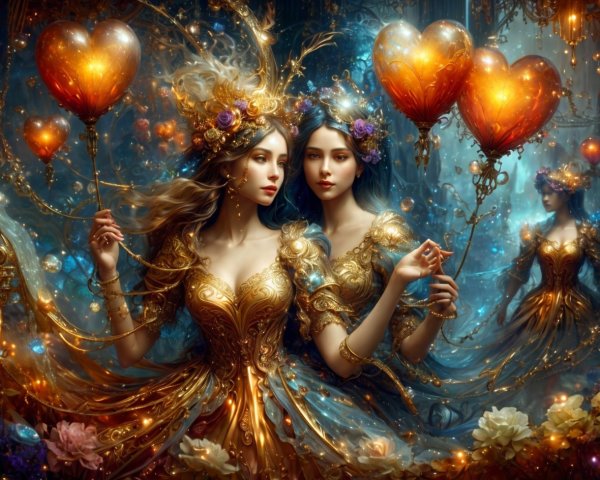 Ethereal Figures in Luxurious Gowns with Balloons