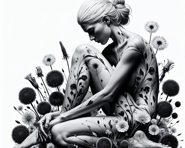 Monochromatic Artwork of Seated Female with Floral Designs