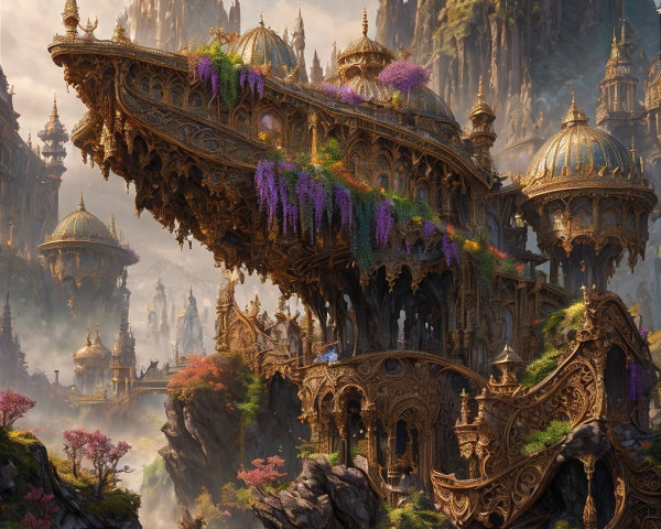Fantasy Landscape with Ornate Structure and Cliffs