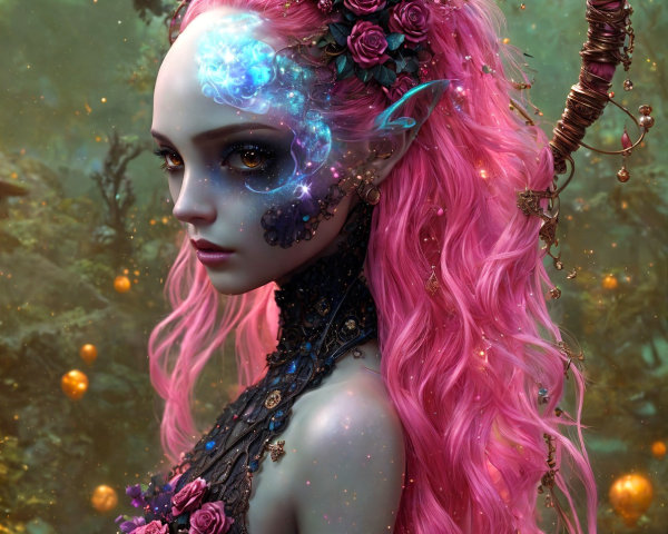 Mystical figure with pink hair and floral accessories
