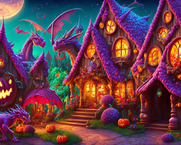 Whimsical Halloween Scene with Cottages and Dragons