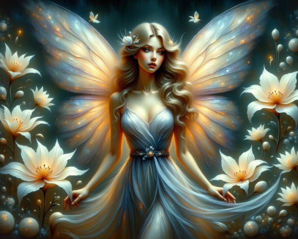 Mystical fairy with shimmering wings among luminous flowers