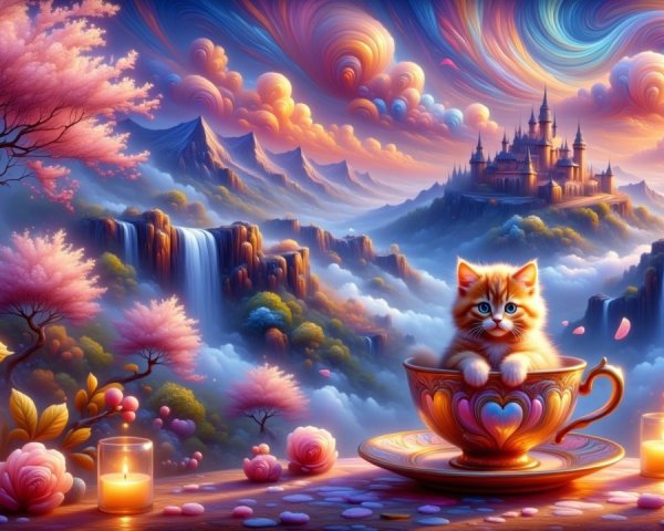 Kitten in Teacup Surrounded by Dreamy Landscape