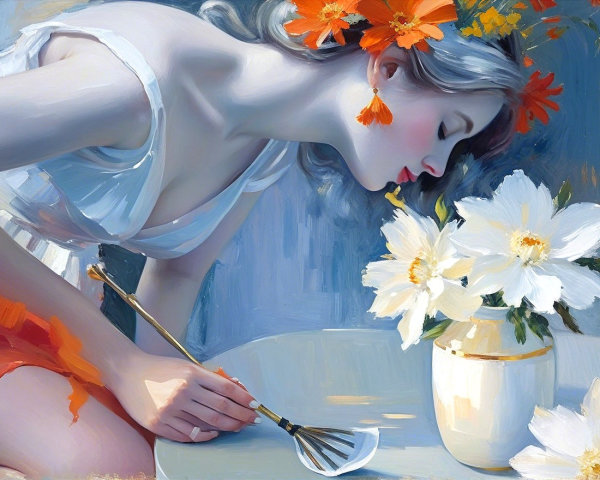 Serene Woman Painting with Orange Flowers in Hair
