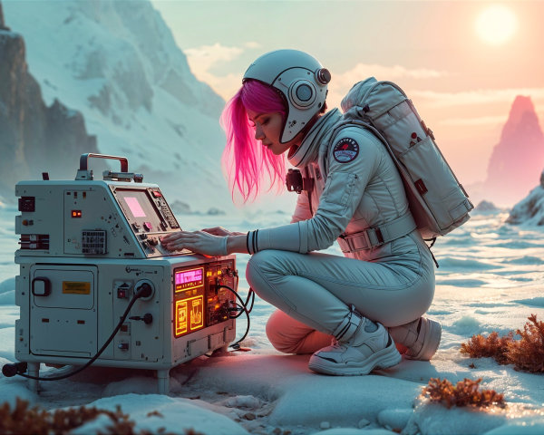Futuristic scene of astronaut in snowy landscape