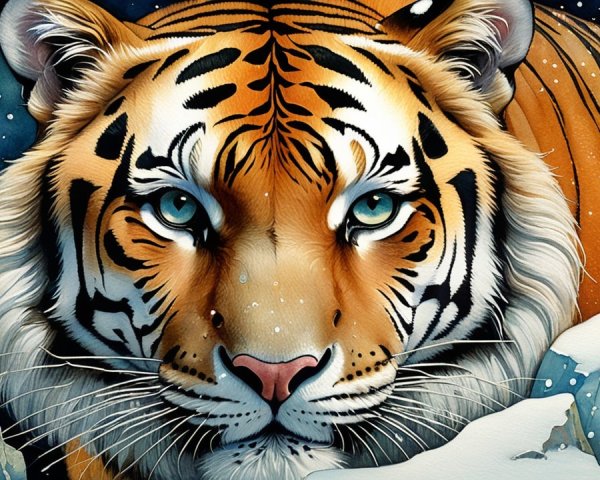 Tiger in Snowy Landscape with Striking Blue Eyes
