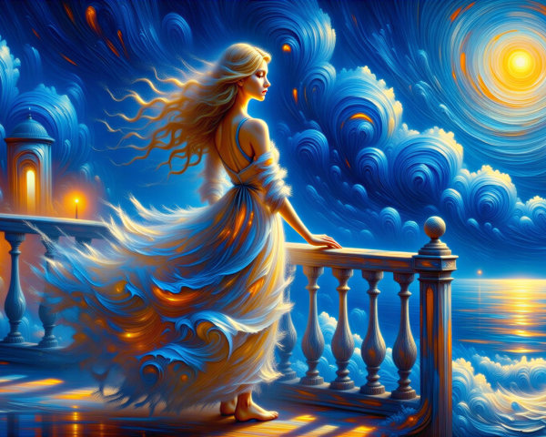 Woman on Balcony Overlooking Ocean at Sunset