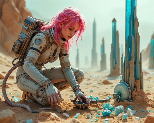 Surreal Desert Scene with Woman and Crystals