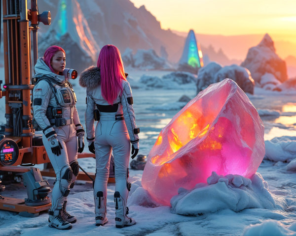 Astronauts in Alien Landscape with Crystalline Structure