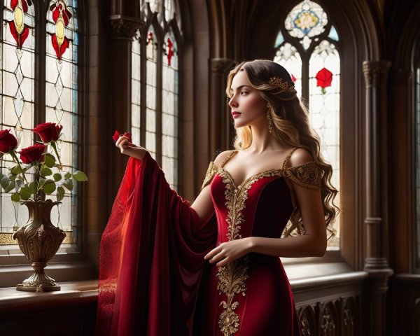 Woman in Red Gown by Gothic Window with Rose