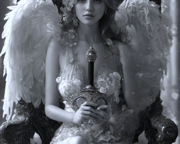 Serene figure on ornate throne with wings and sword