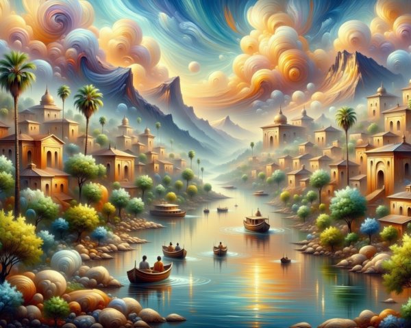 Vibrant Dreamlike Landscape with River and Mountains