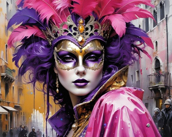 Woman in Purple and Gold Masquerade at Carnival