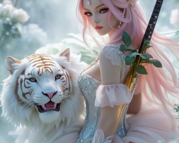 Elegant figure with white tiger in rose backdrop