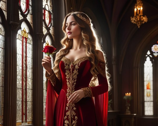 Regal Woman in Gothic Setting with Stained Glass Light