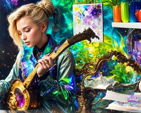 Young Woman Playing Stringed Instrument in Colorful Room