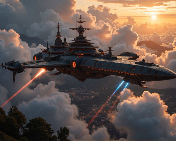 Futuristic airship in vibrant sunset sky with clouds
