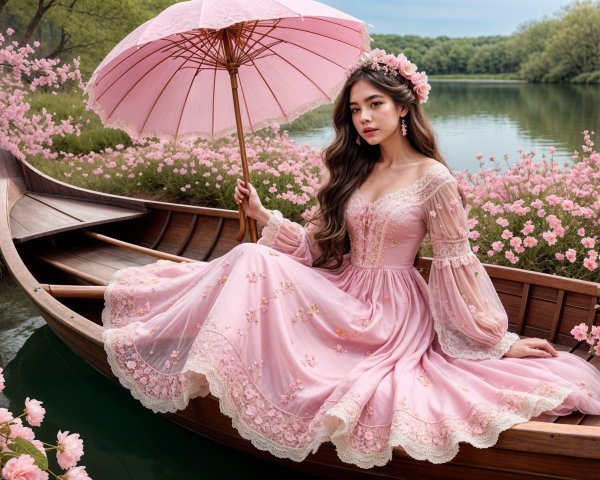 Young Woman in Pink Dress on Serene Flower Boat