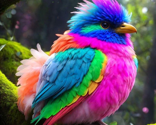 Vibrant Cartoon Bird on Mossy Branch in Lush Setting
