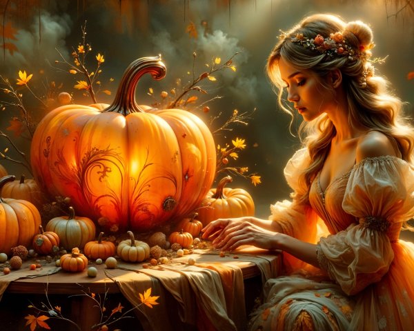 Autumn Scene with Woman in Orange Gown and Pumpkins
