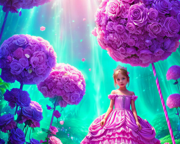 Young girl in enchanted garden with oversized flowers